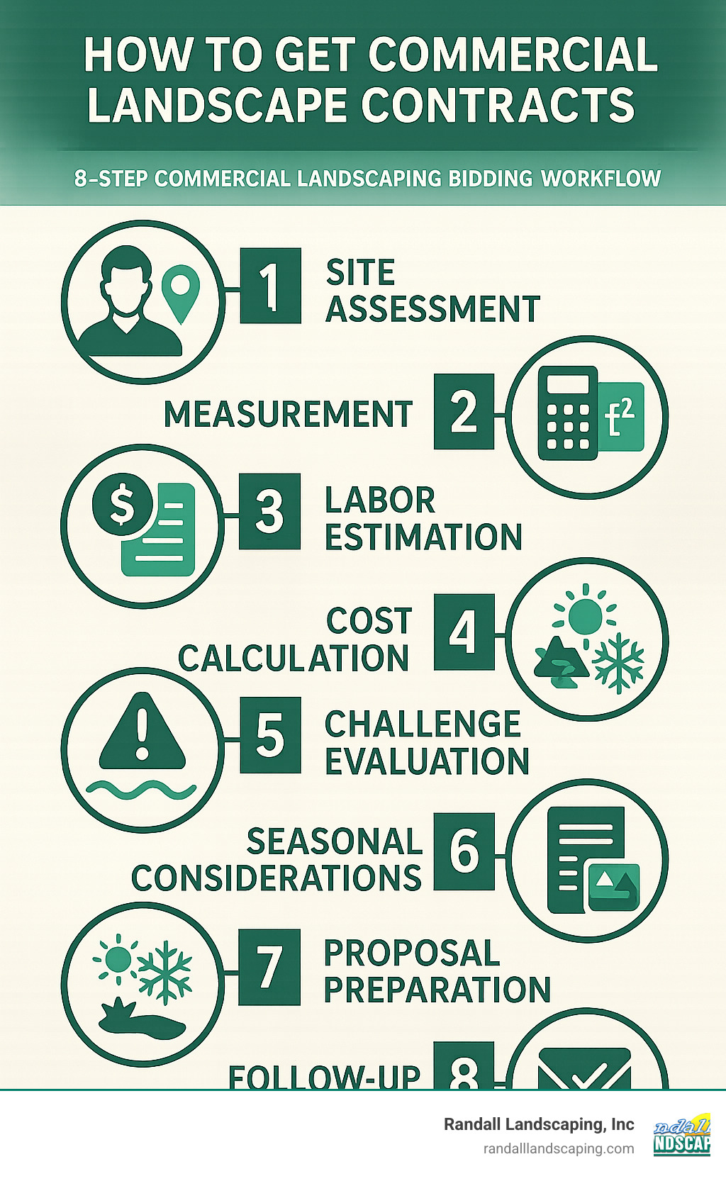 Infographic showing the 8-step commercial landscaping bidding workflow from site assessment to contract signing - how to get commercial landscape contracts infographic 