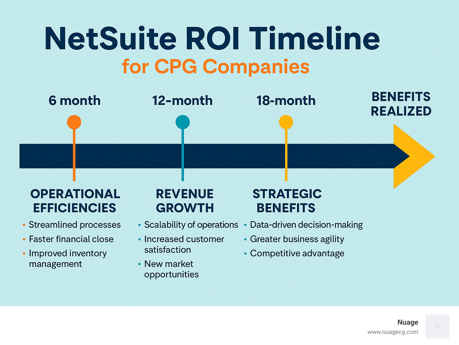 NetSuite ROI timeline showing key milestones and benefits realization for CPG companies - NetSuite for CPG companies infographic