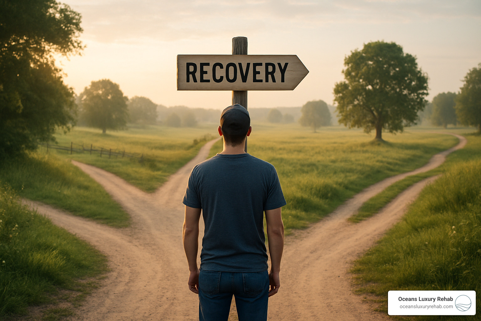 person standing at crossroads symbolizing choices in recovery - Addiction recovery journey
