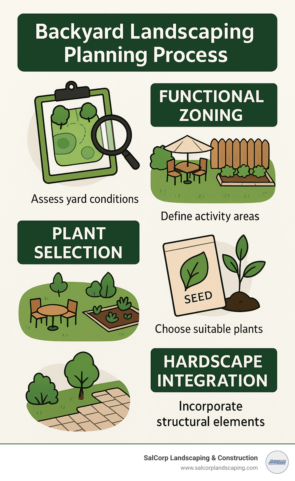 4-step backyard landscaping planning process showing site analysis, functional zoning, plant selection, and hardscape integration - back yard landscaping infographic 