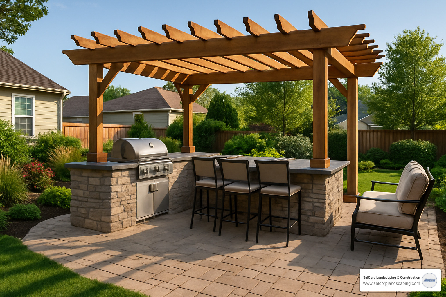 pergola with outdoor kitchen - back yard landscaping