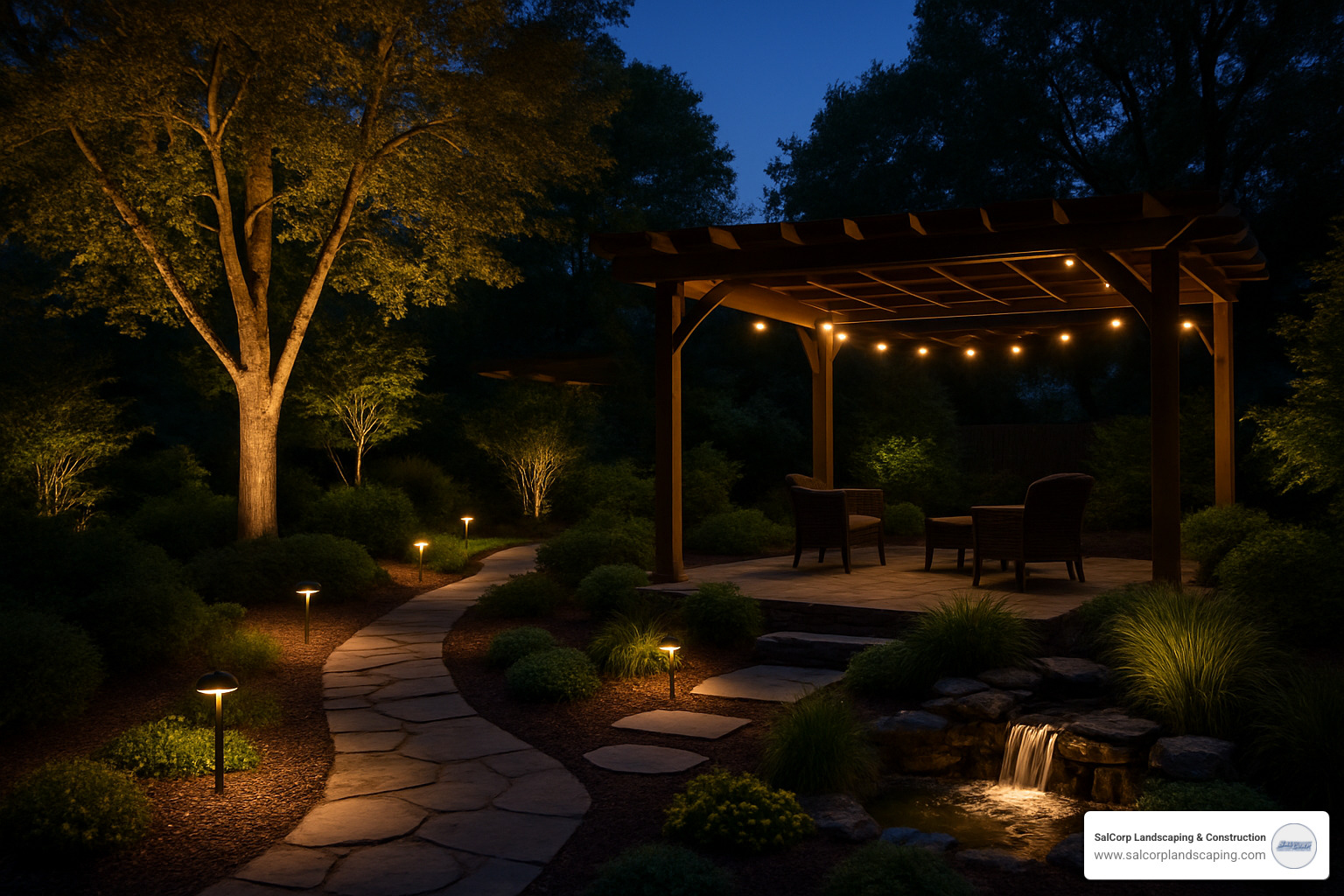 layered backyard lighting plan - back yard landscaping