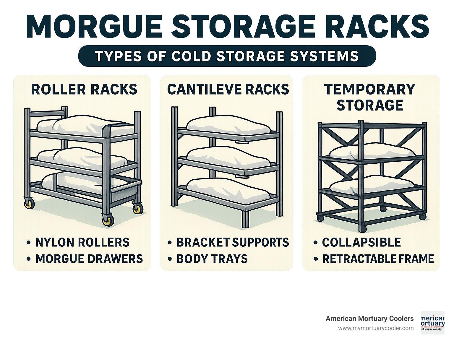 Detailed diagram showing different types of morgue storage racks including roller racks, cantilever racks, and temporary storage systems with labeled components and specifications - what are the freezer racks in a morgue called infographic 