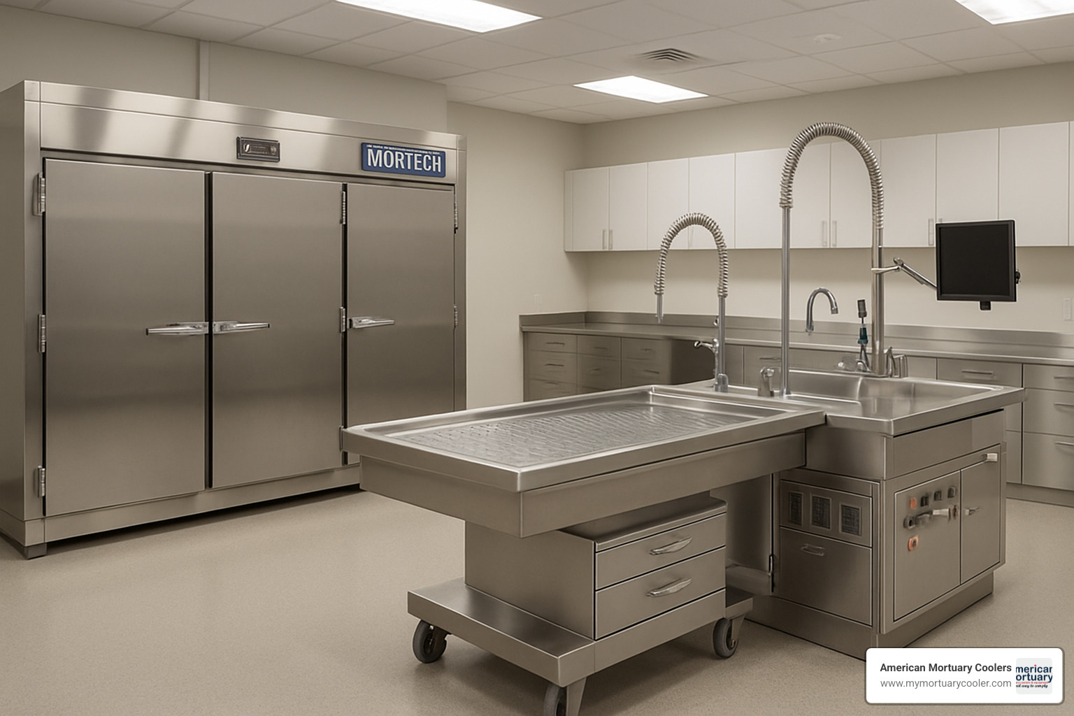 Complete mortuary facility setup with Mortech equipment showing coolers, autopsy stations and workflow integration - mortech