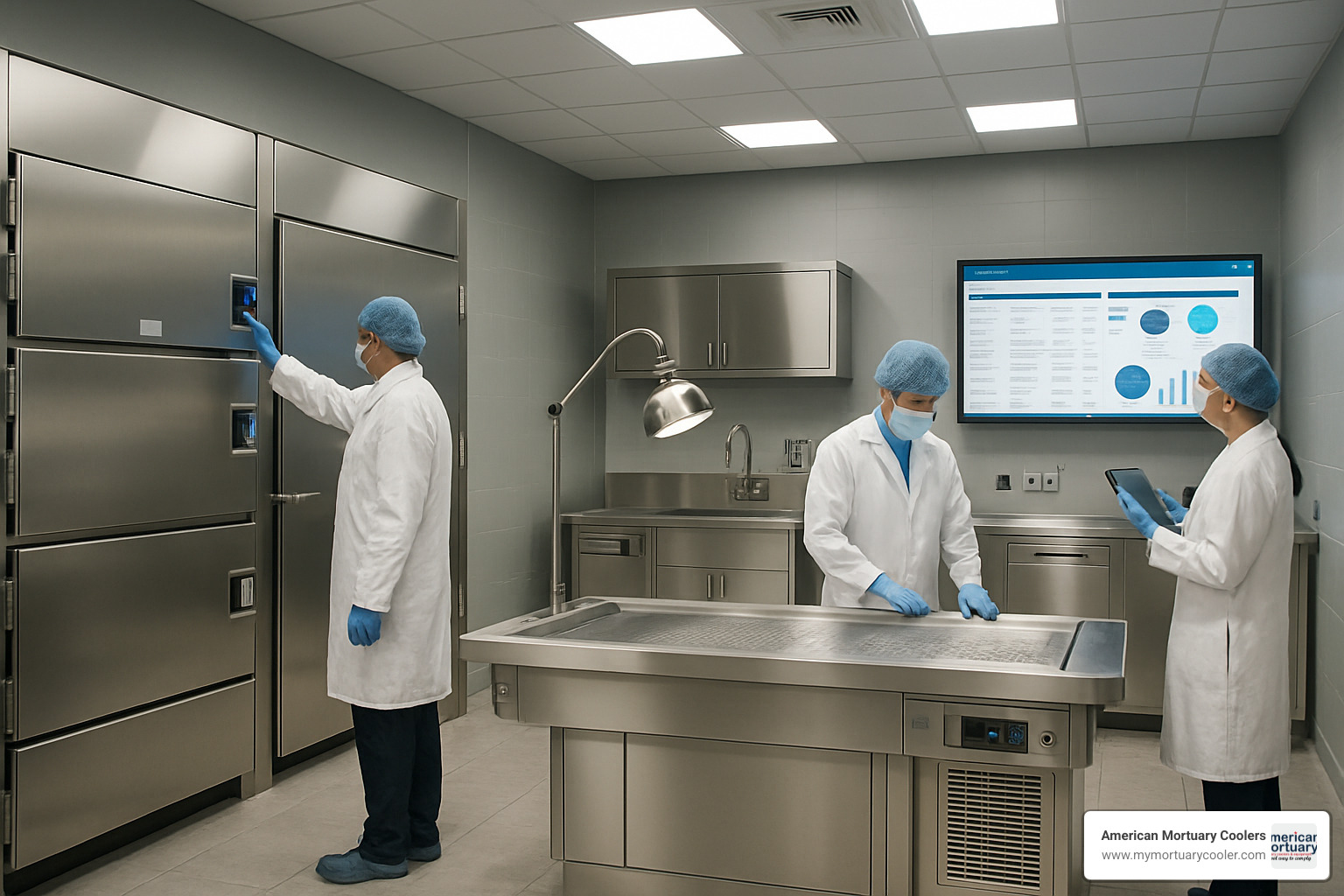 Digital mortuary equipment system showing integrated workflow between coolers, autopsy stations and data management - mortech