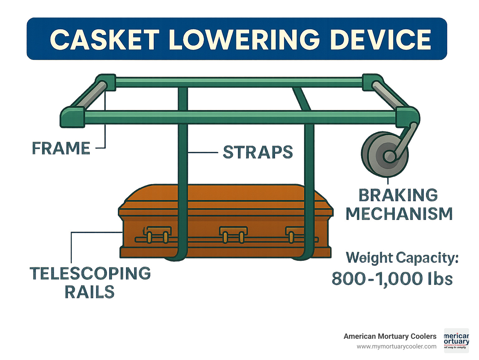 Diagram showing the components and operation of a casket lowering device, including the frame, straps, braking mechanism, and telescoping rails with weight capacity specifications - casket lowering device infographic 
