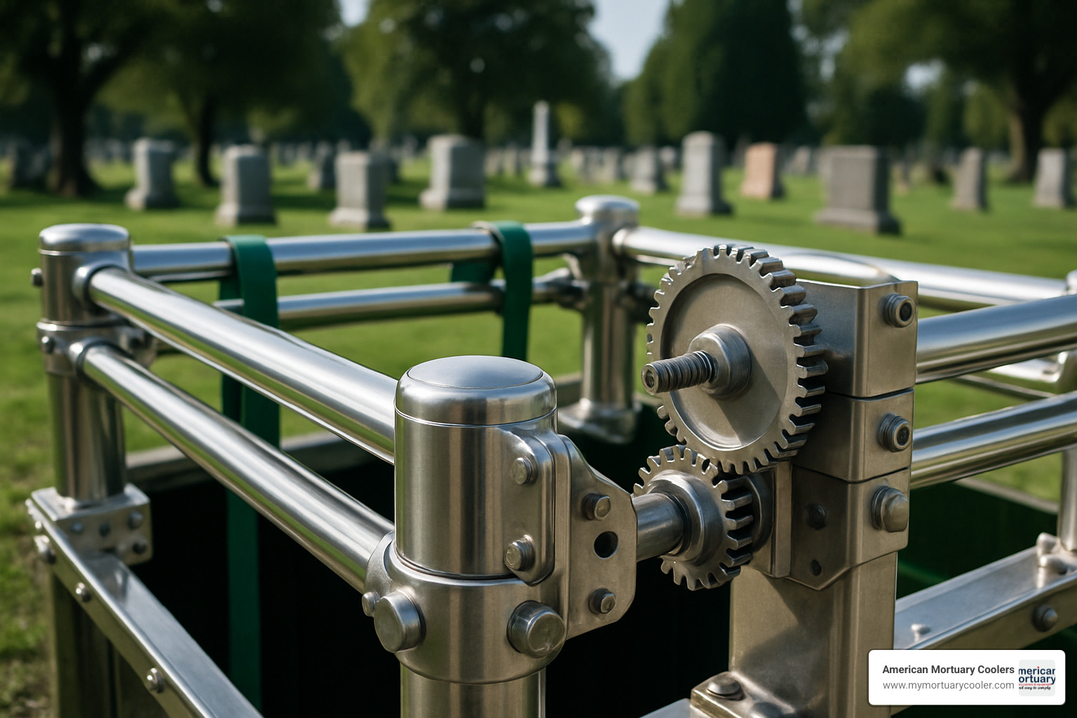 Close-up of casket lowering device materials and construction - casket lowering device