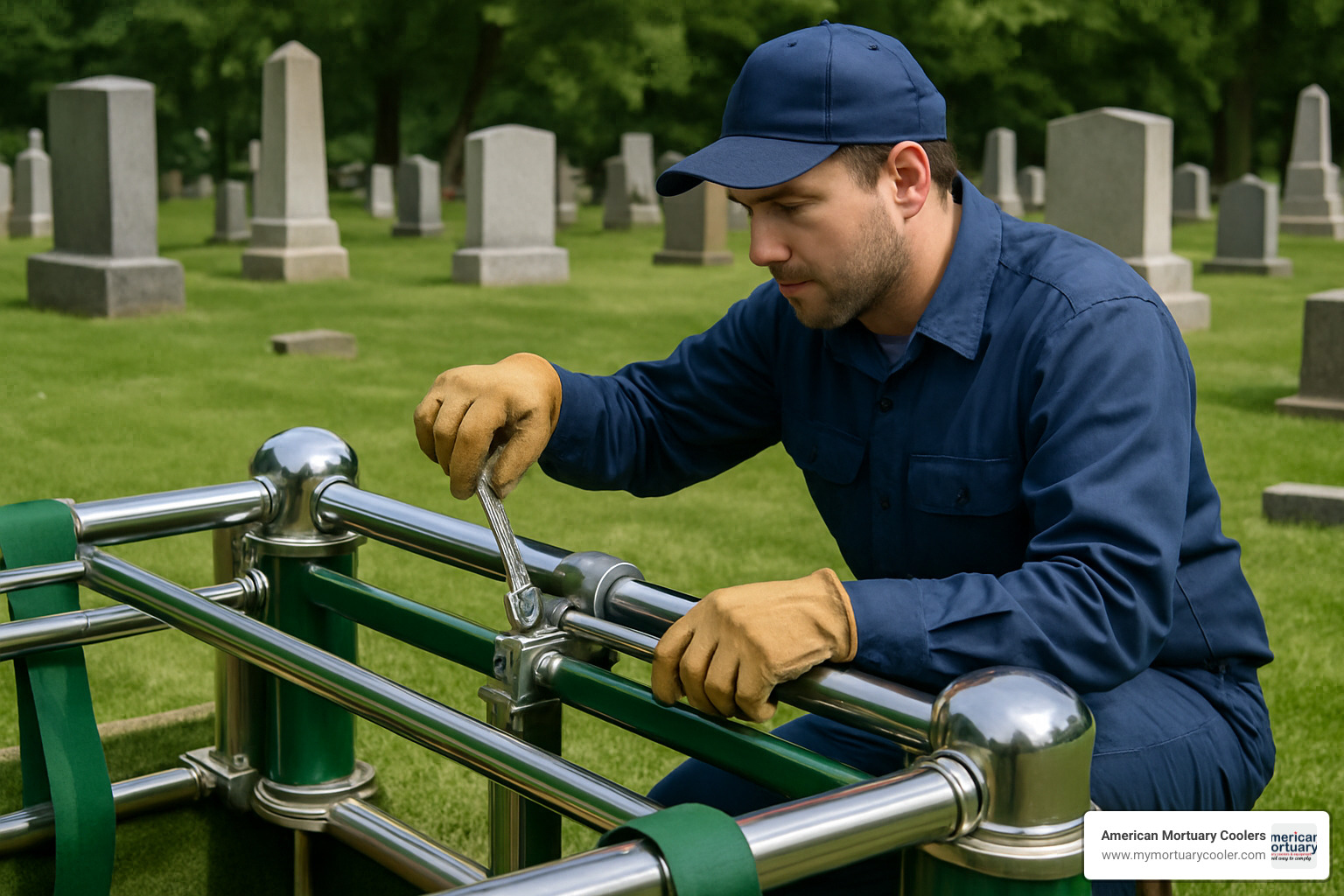 Maintenance technician servicing a casket lowering device - casket lowering device