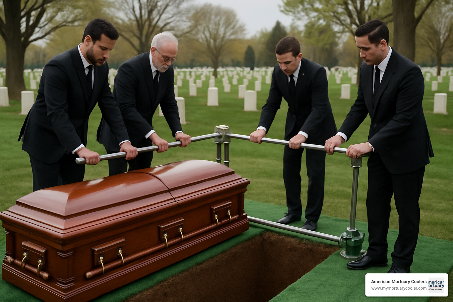 Funeral staff setting up a casket lowering device at graveside - casket lowering device