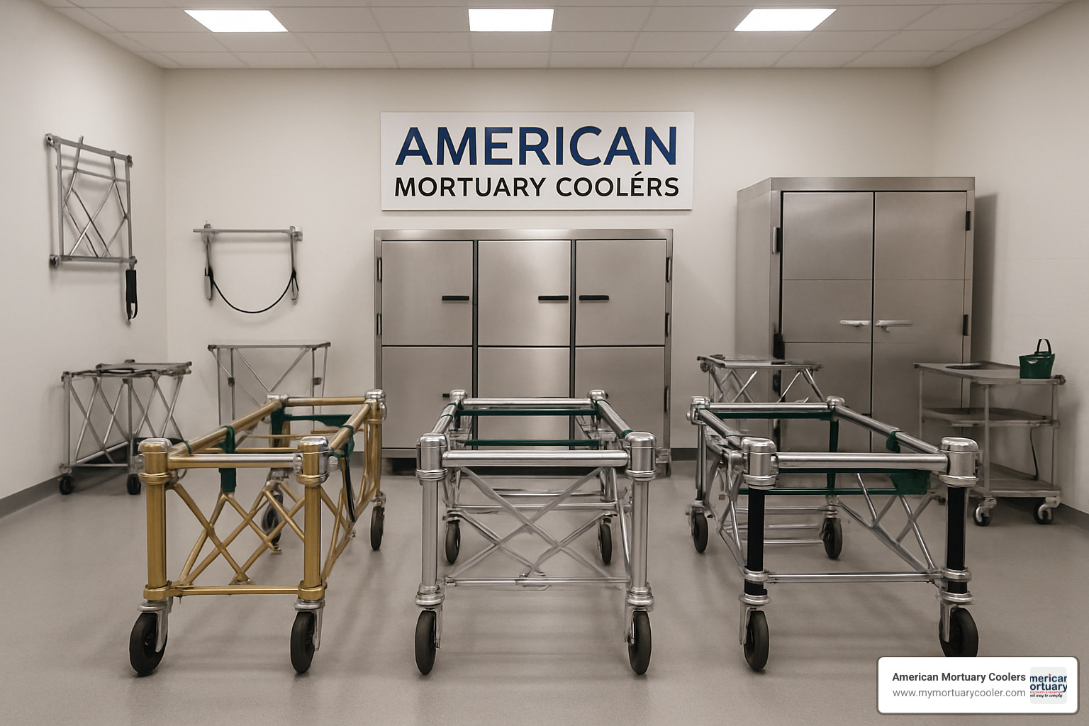 American Mortuary Coolers showroom featuring various funeral equipment including casket lowering devices - casket lowering device