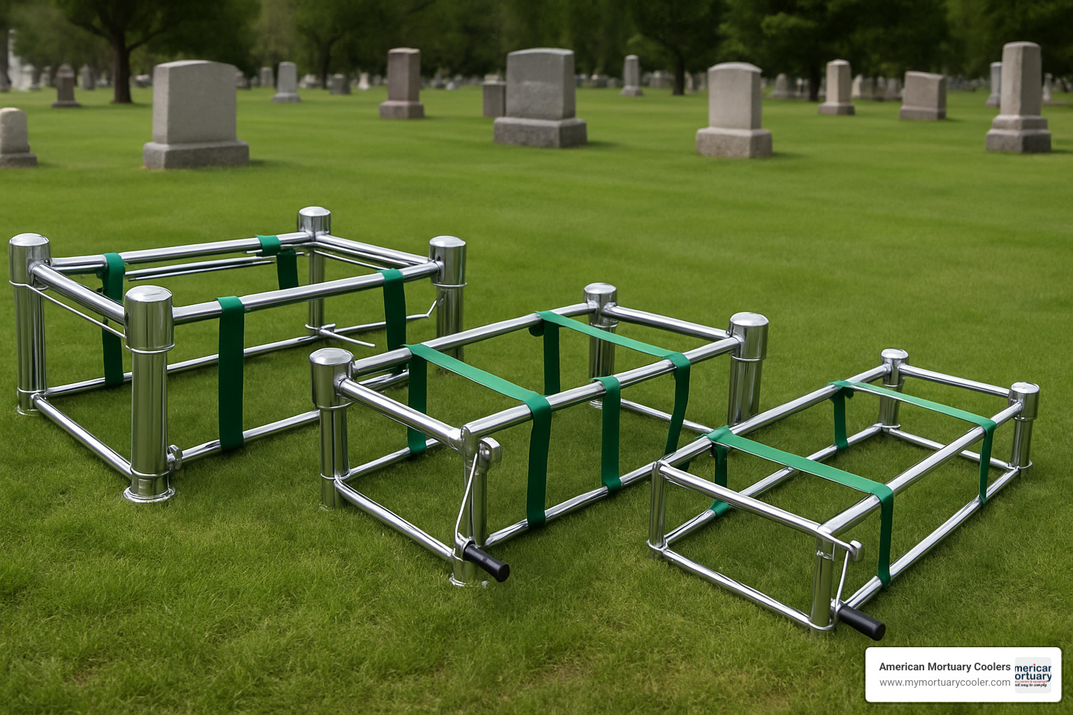 Different models of casket lowering devices displayed side by side - casket lowering device
