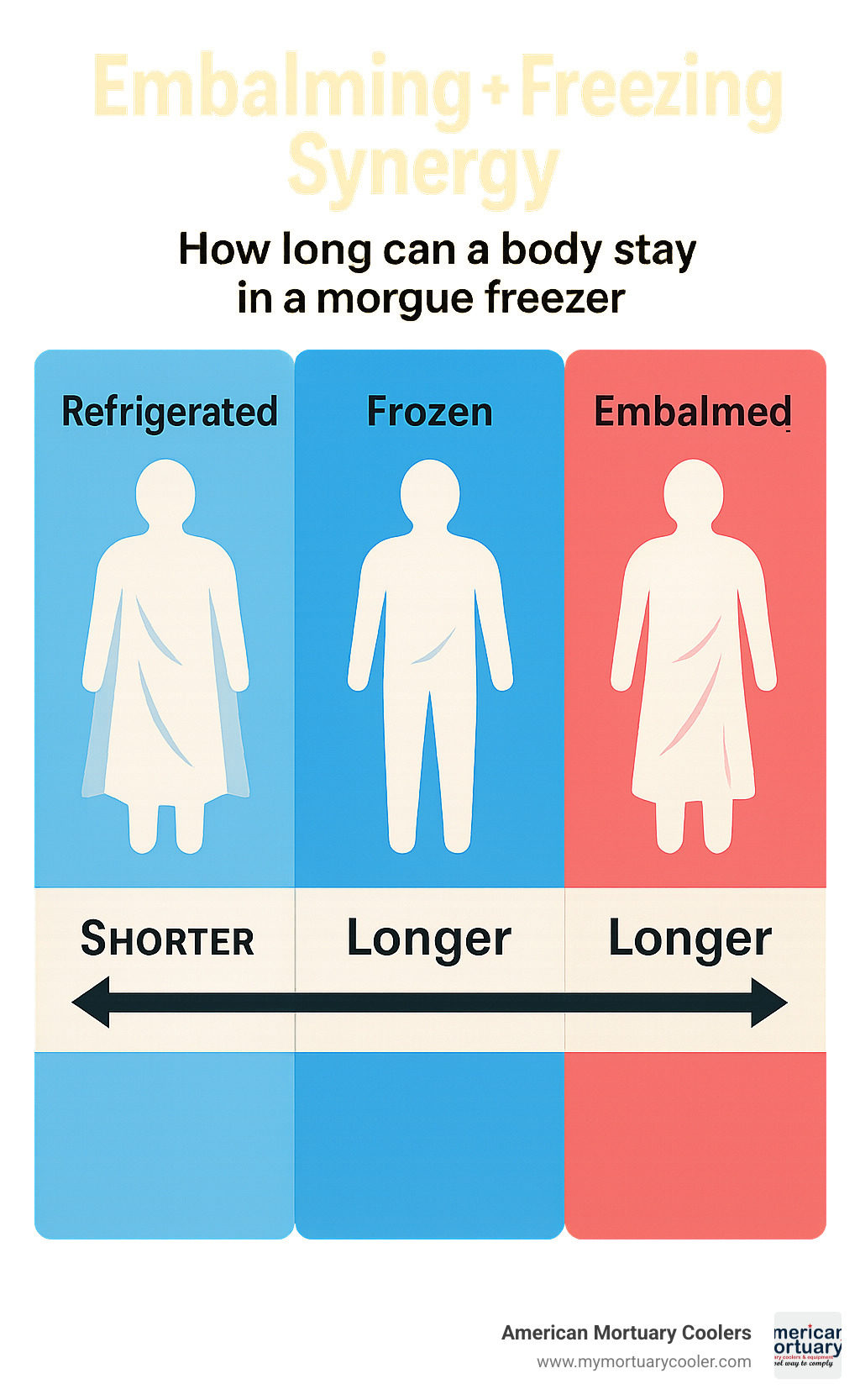 comparison chart of refrigerated vs frozen vs embalmed body preservation longevity - how long can a body stay in a morgue freezer infographic 