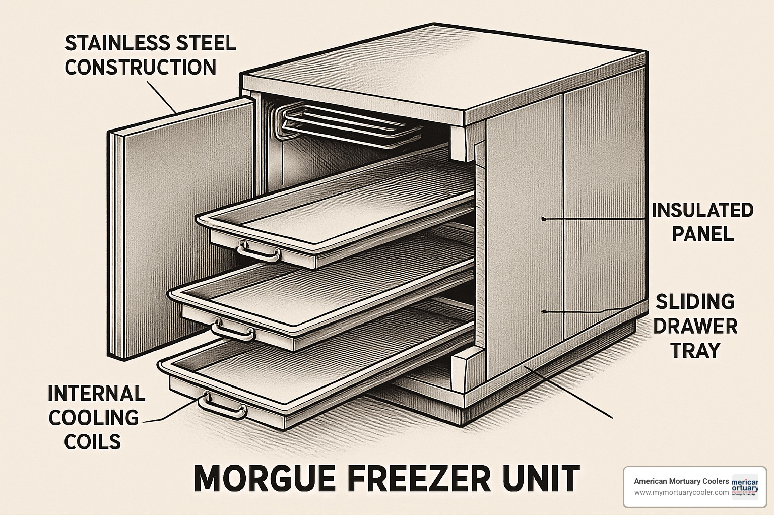 cutaway diagram of morgue freezer unit - how long can a body stay in a morgue freezer