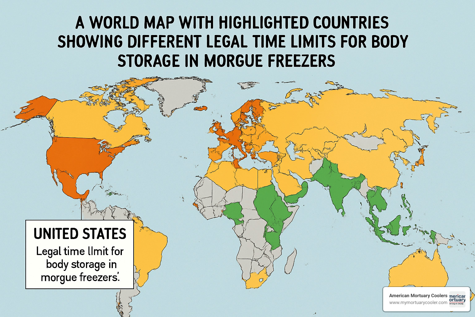 global map showing varying legal time limits for body storage - how long can a body stay in a morgue freezer