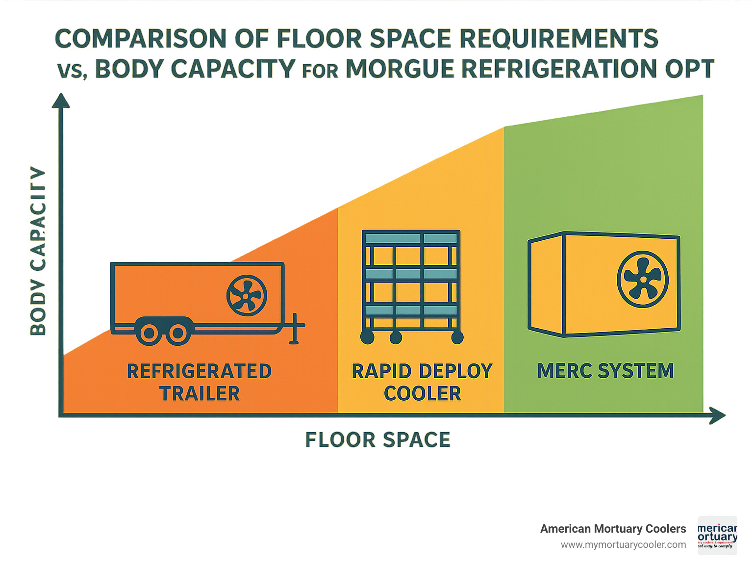Comparison of floor space requirements versus body capacity for different morgue refrigeration options - refrigerated morgue infographic 