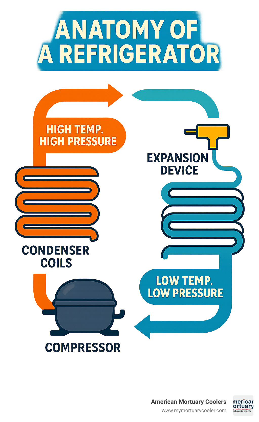 Diagram showing the complete refrigeration cycle with arrows indicating refrigerant flow through compressor, condenser coils, expansion device, and evaporator coils with temperature and pressure changes at each stage - anatomy of refrigerator infographic 
