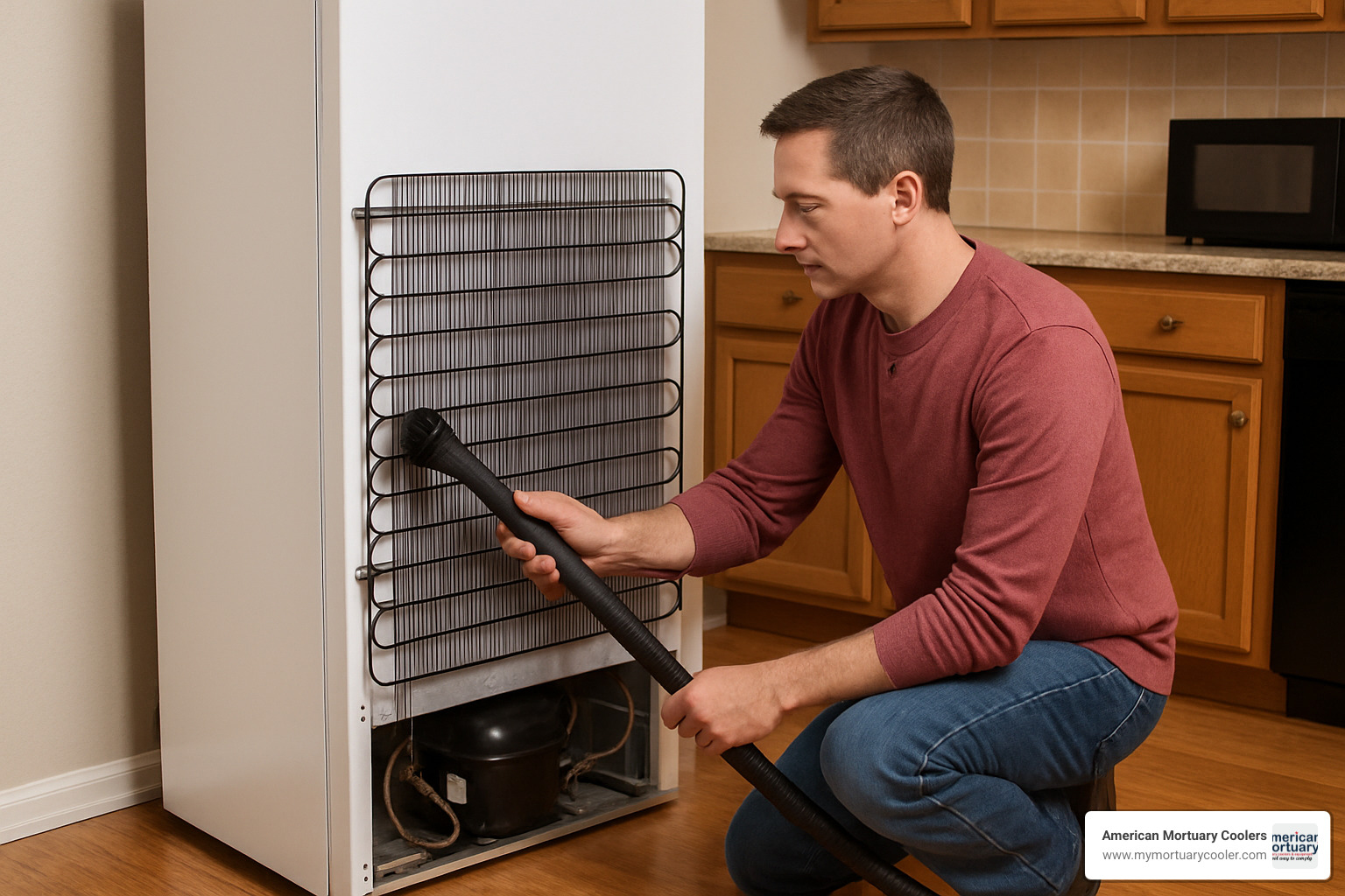 person cleaning condenser coils on back of refrigerator - anatomy of refrigerator