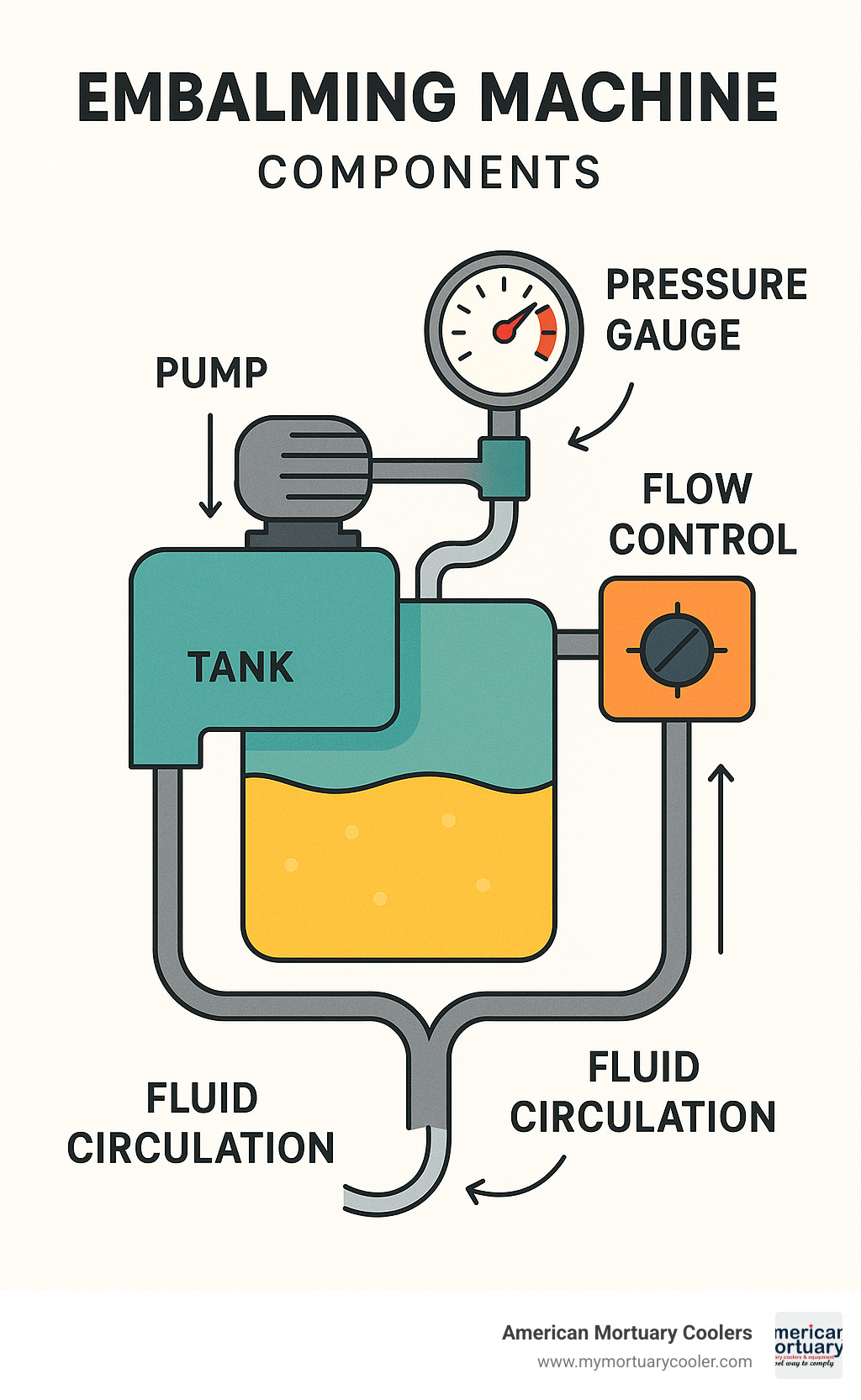 Diagram showing embalming machine components including pump, tank, pressure gauge, flow control, and fluid circulation system - embalming machine infographic 