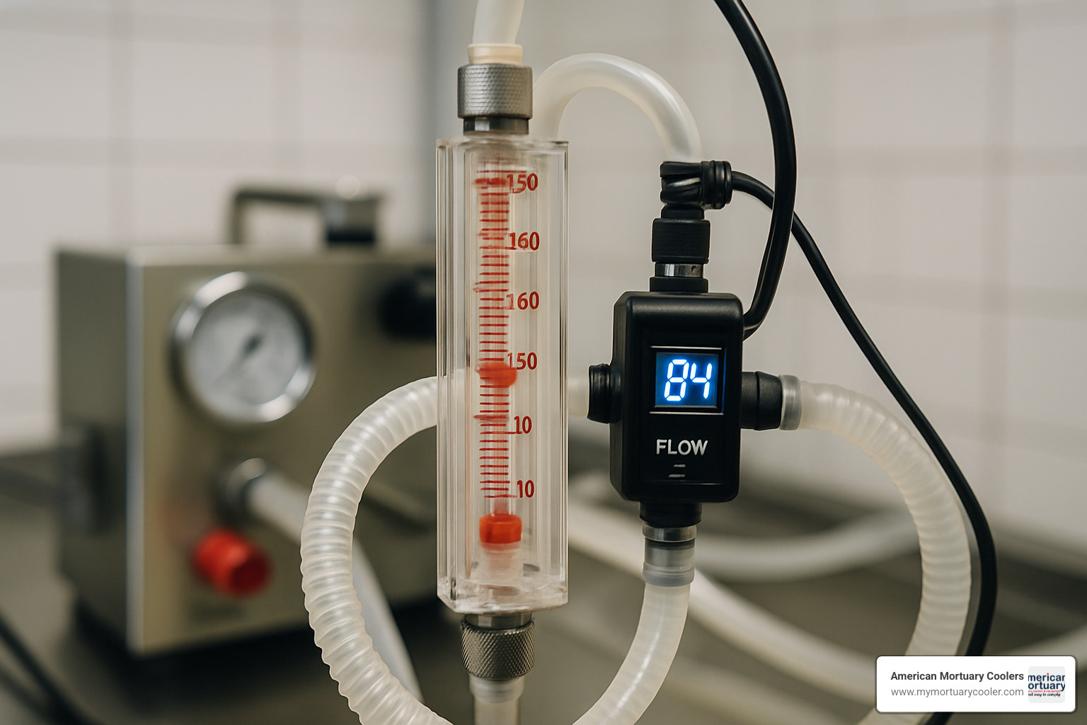 Close-up of embalming machine flow sensor technology - embalming machine