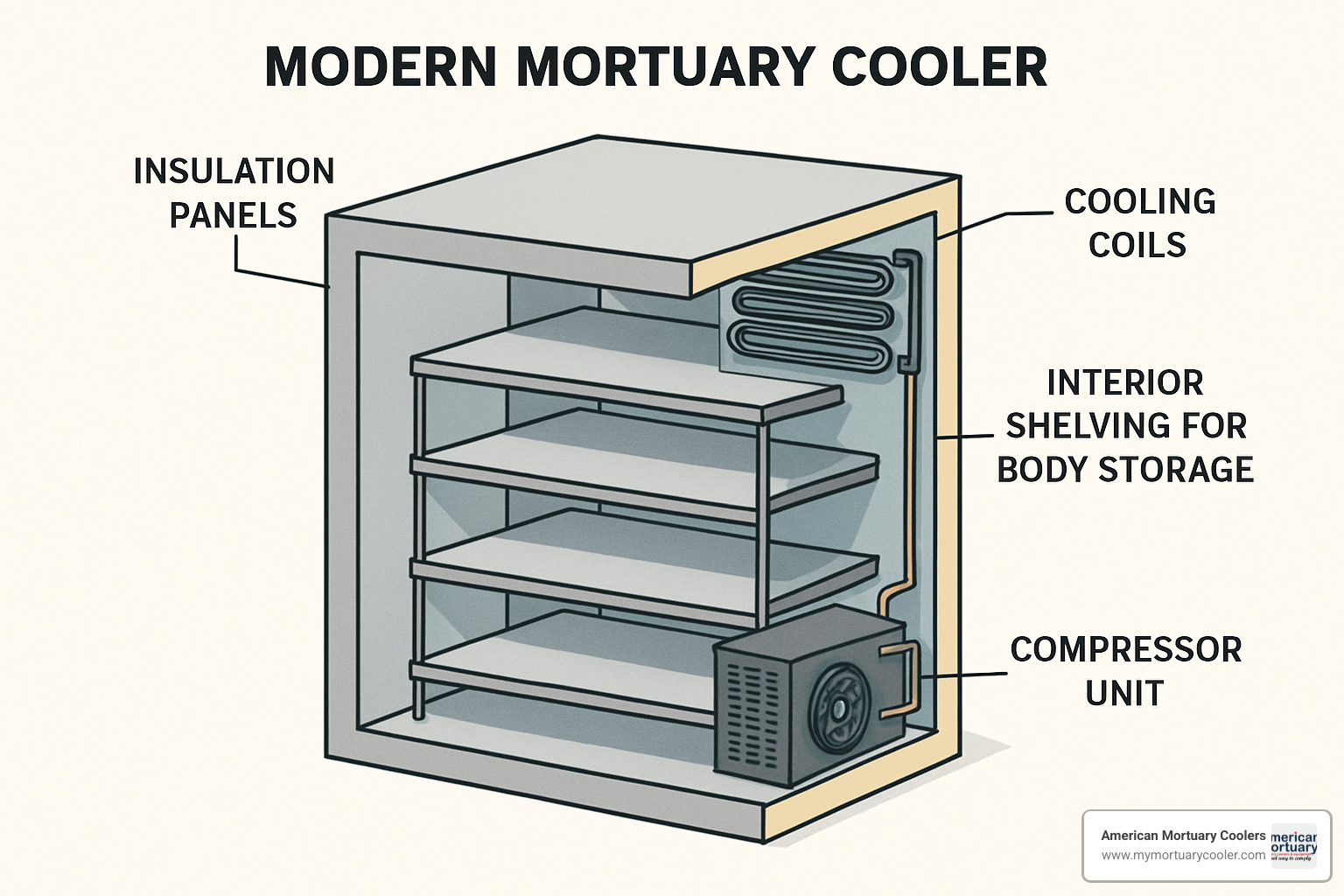 cutaway diagram of mortuary cooler showing insulation panels and cooling system - funeral home refrigeration units