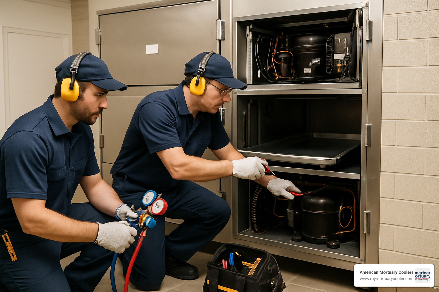 technicians servicing a mortuary refrigeration unit - funeral home refrigeration units
