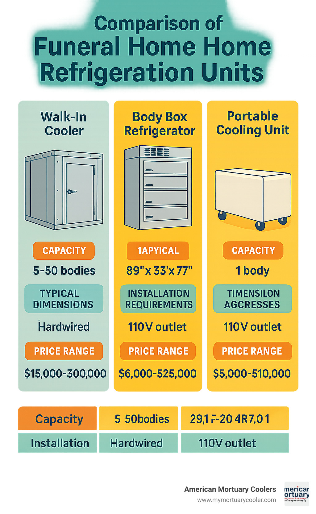 Comparison of different types of funeral home refrigeration units showing walk-in coolers (capacity 5-50 bodies), body box refrigerators (capacity 1-8 bodies), and portable cooling units with their typical dimensions, installation requirements, and price ranges - funeral home refrigeration units infographic 