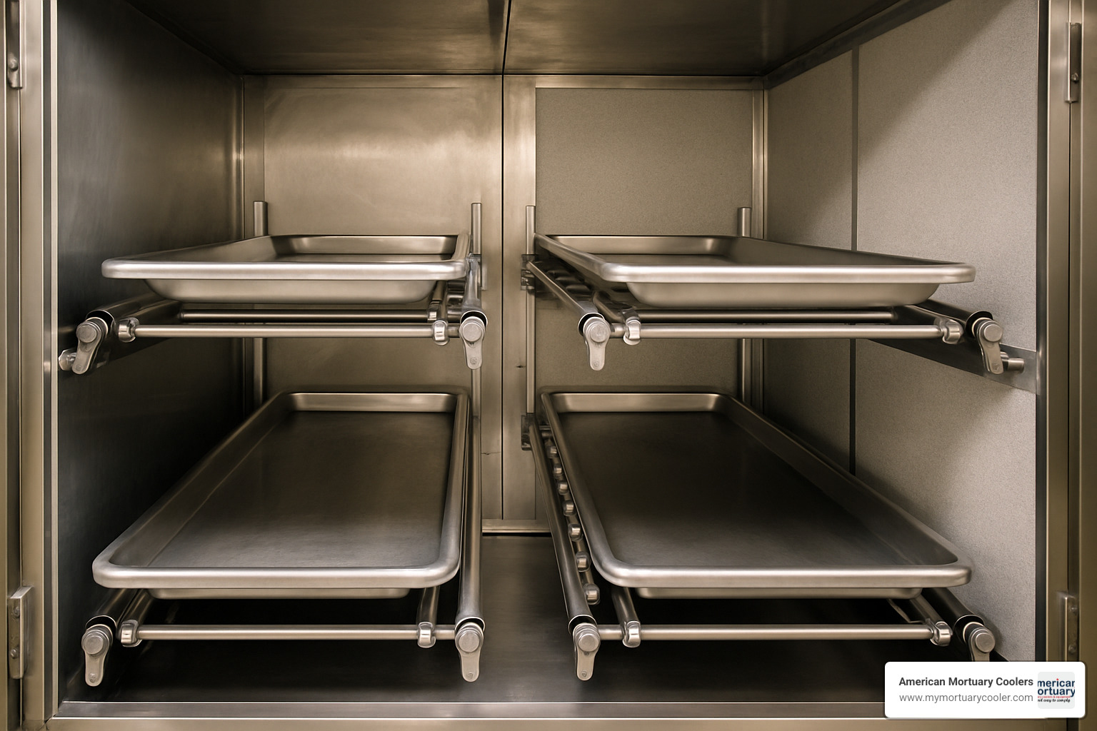 Mortuary cooler components showing stainless steel interior, insulation panels, and specialized tray systems - used morgue coolers