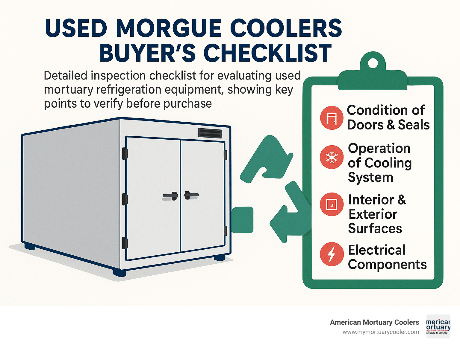 Detailed inspection checklist for evaluating used mortuary refrigeration equipment, showing key points to verify before purchase - used morgue coolers infographic 