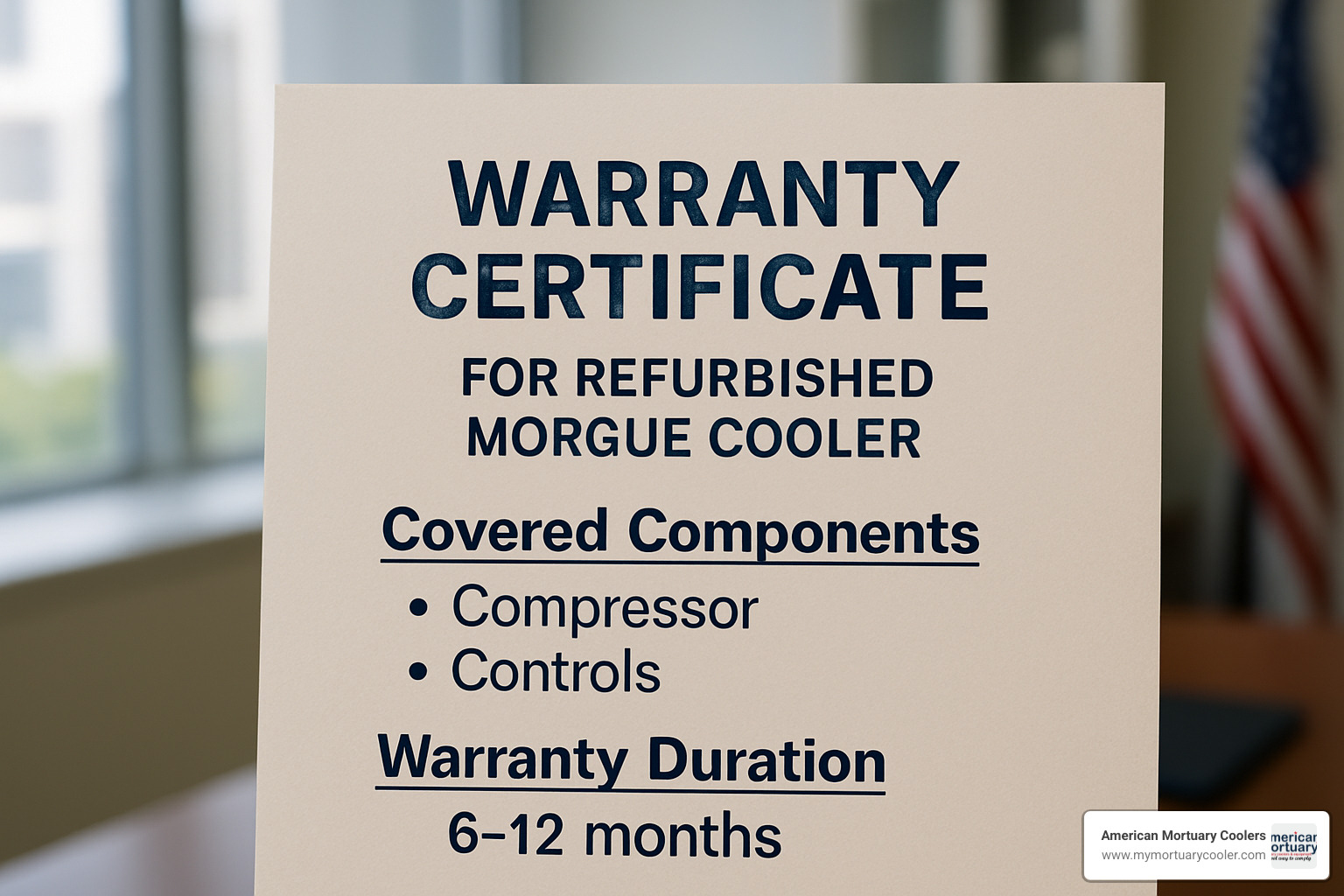 Sample warranty certificate for a refurbished morgue cooler showing covered components and duration - used morgue coolers