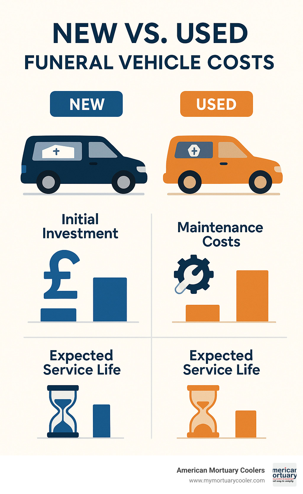 Comparison of new vs used funeral vehicle costs showing initial investment, maintenance costs, and expected service life - funeral vehicle infographic 