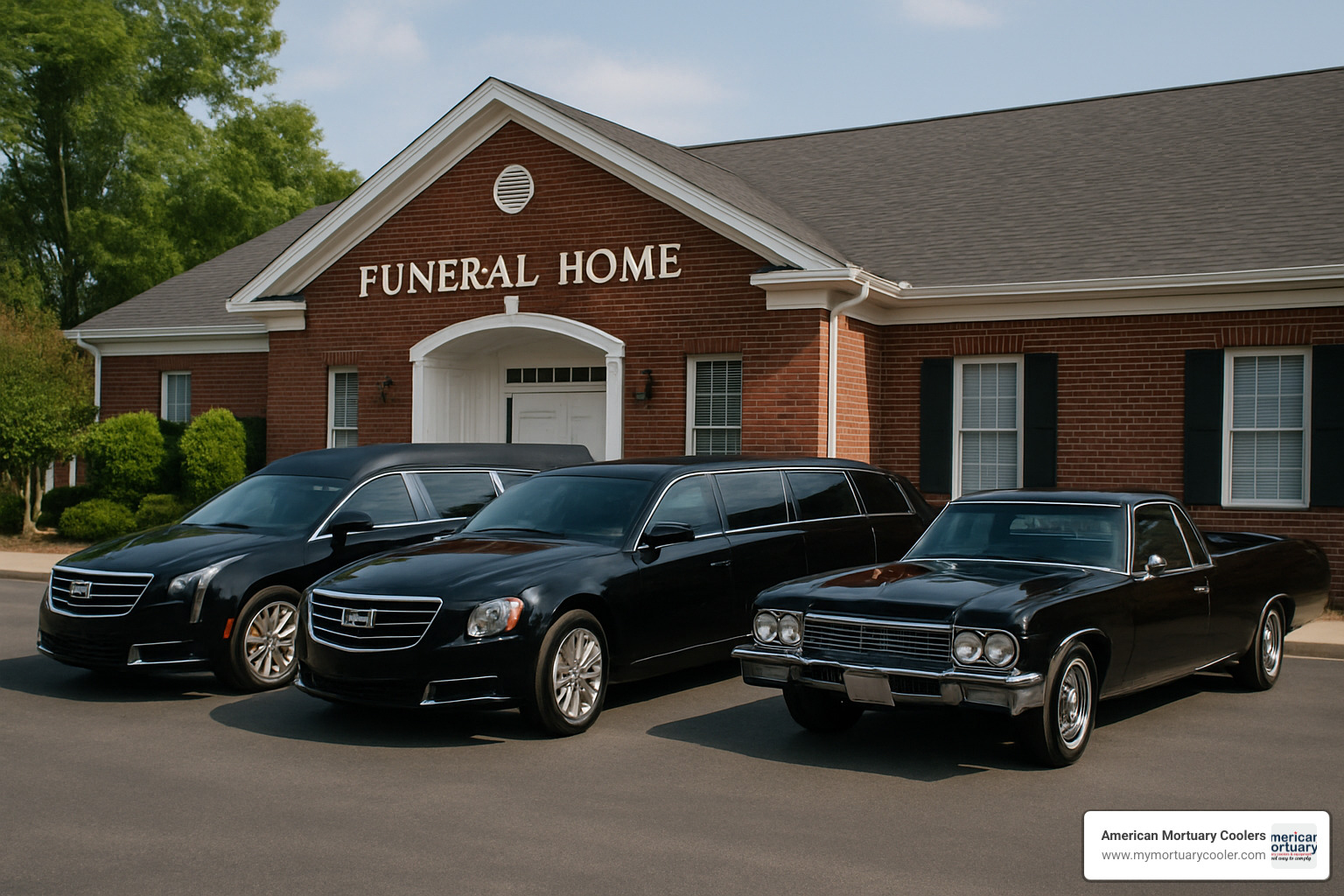 modern funeral vehicle fleet showing hearse, limousine, and flower car - funeral vehicle