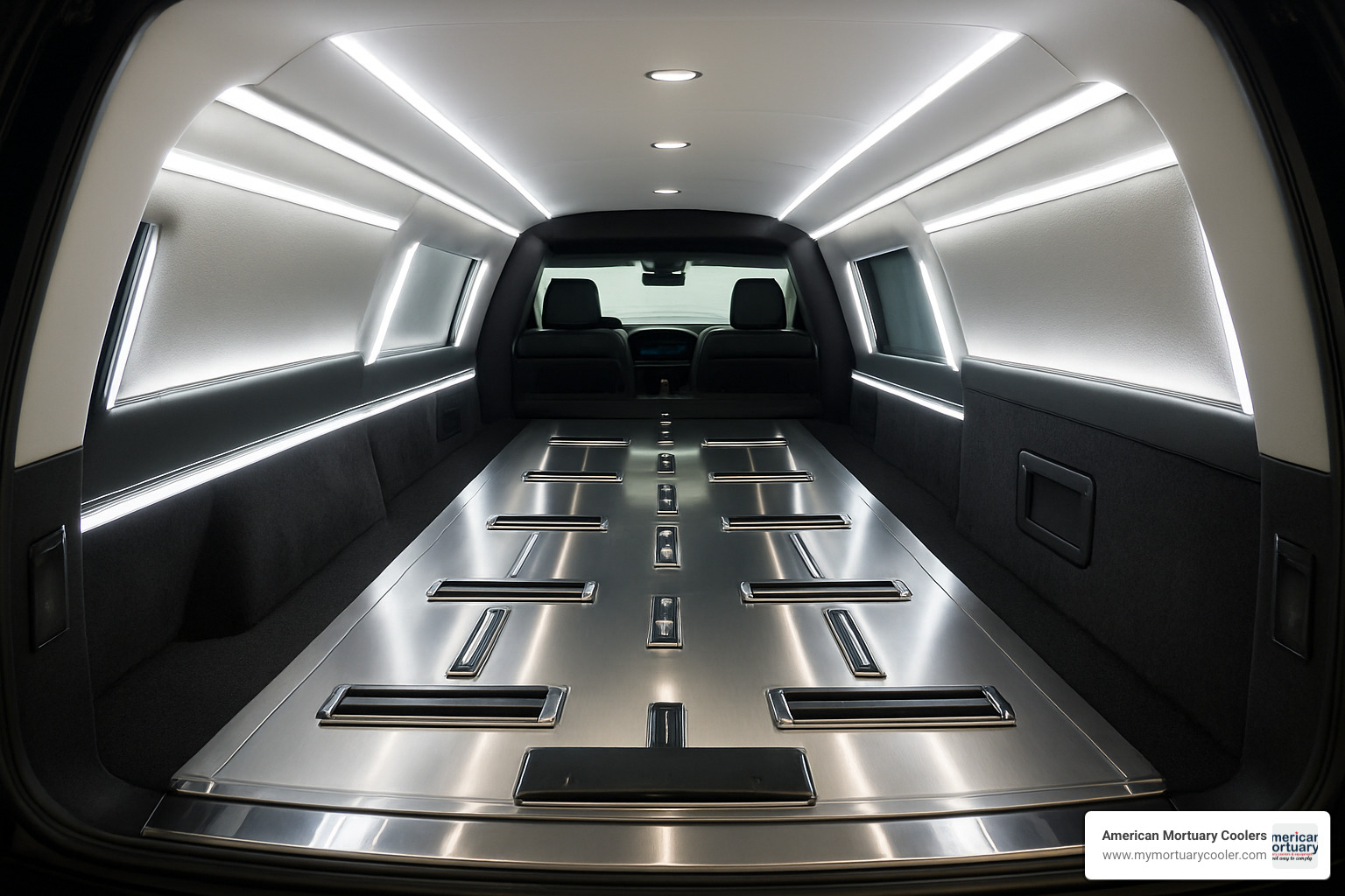 interior of modern hearse showing casket rollers and specialized lighting - funeral vehicle