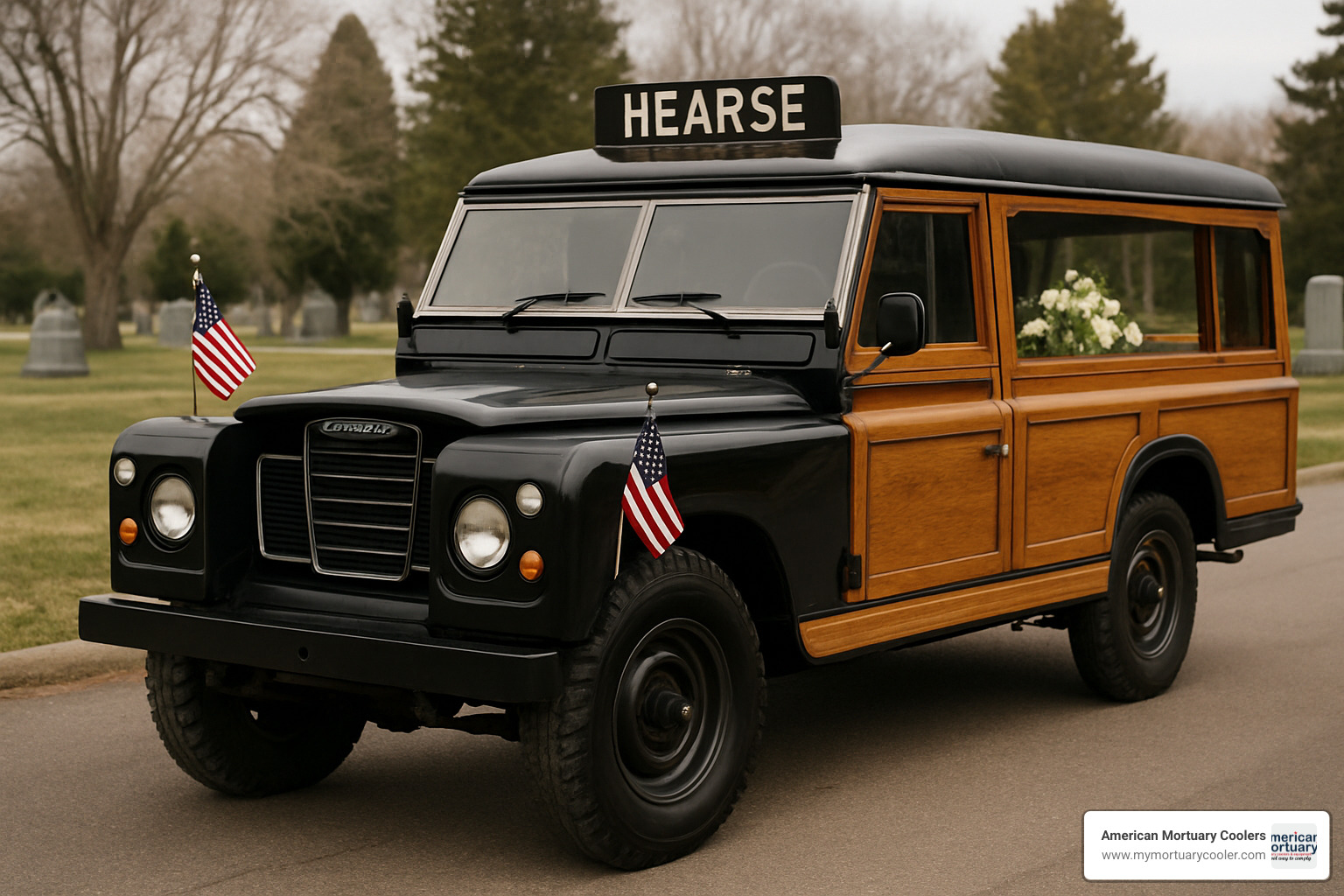 vintage Land Rover hearse with wooden side panels - funeral vehicle