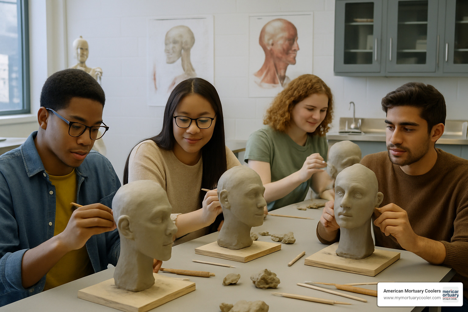 students working in a restorative art laboratory with clay models - mortuary science program near me