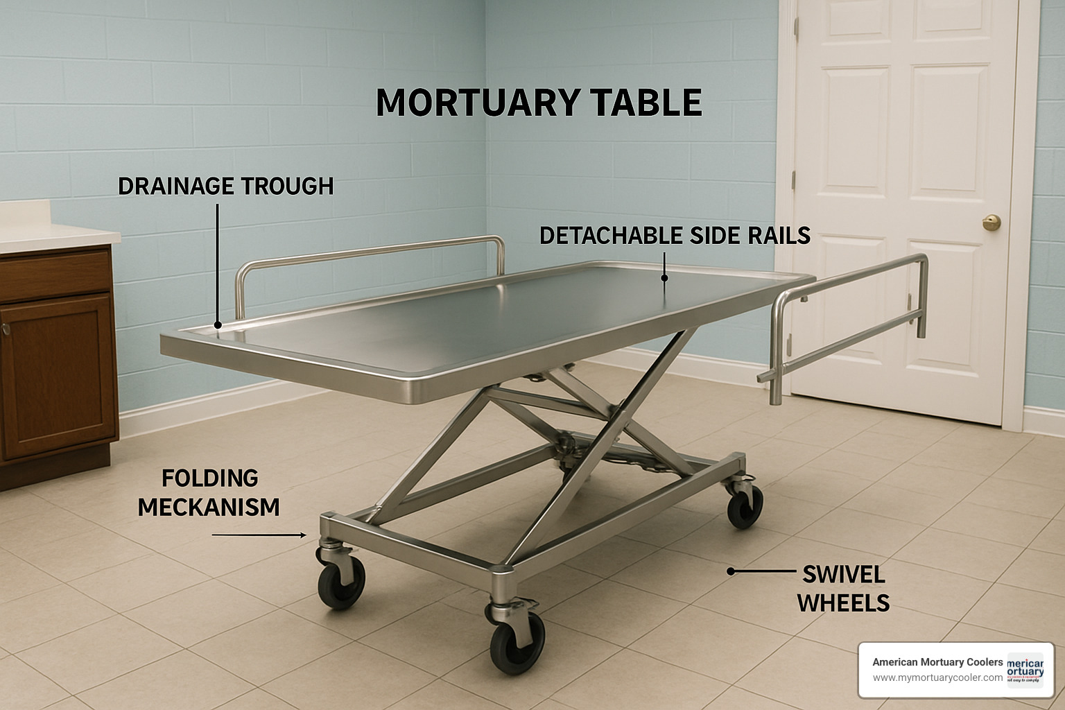 Layout of mortuary table accessories and add-ons - mortuary table folding