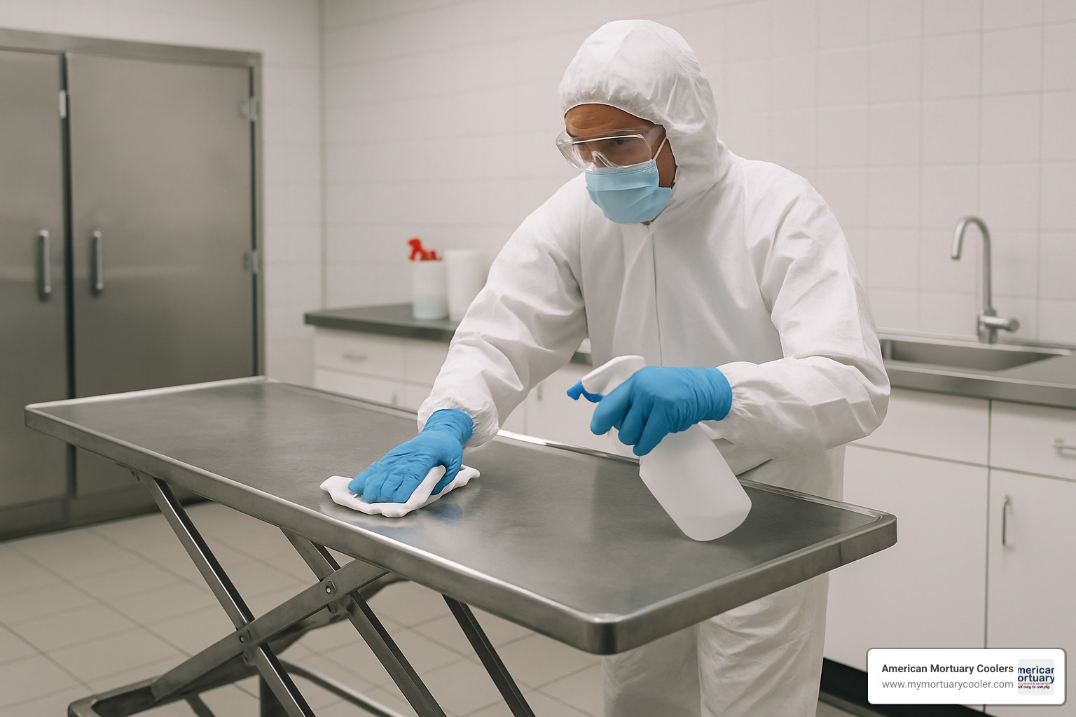 Mortuary technician disinfecting folding table - mortuary table folding