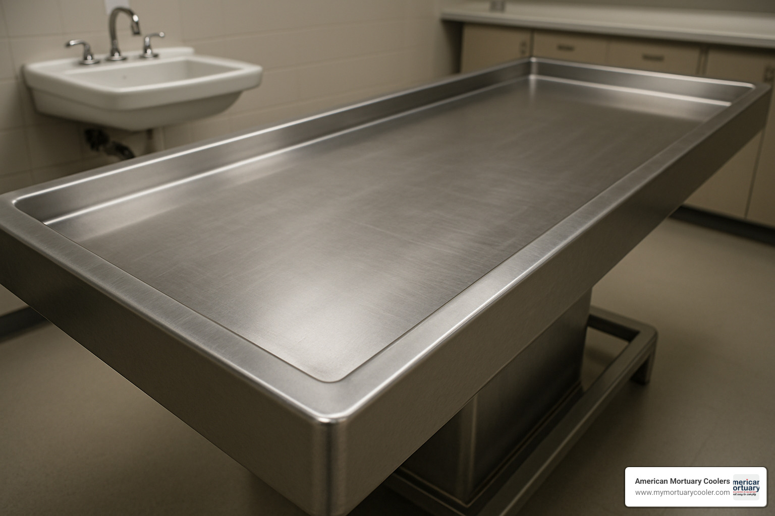 Close-up of stainless steel mortuary table top - mortuary table folding