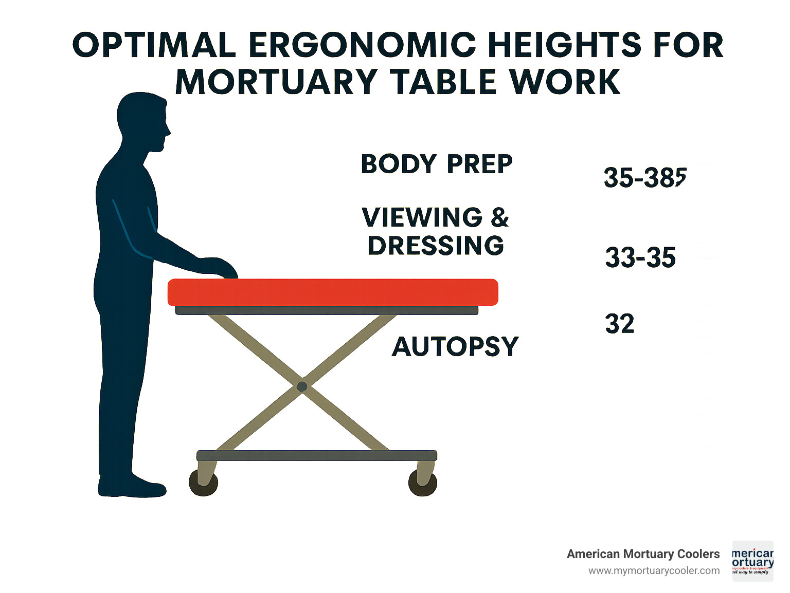 Diagram showing optimal ergonomic heights for mortuary table work - mortuary table folding infographic 