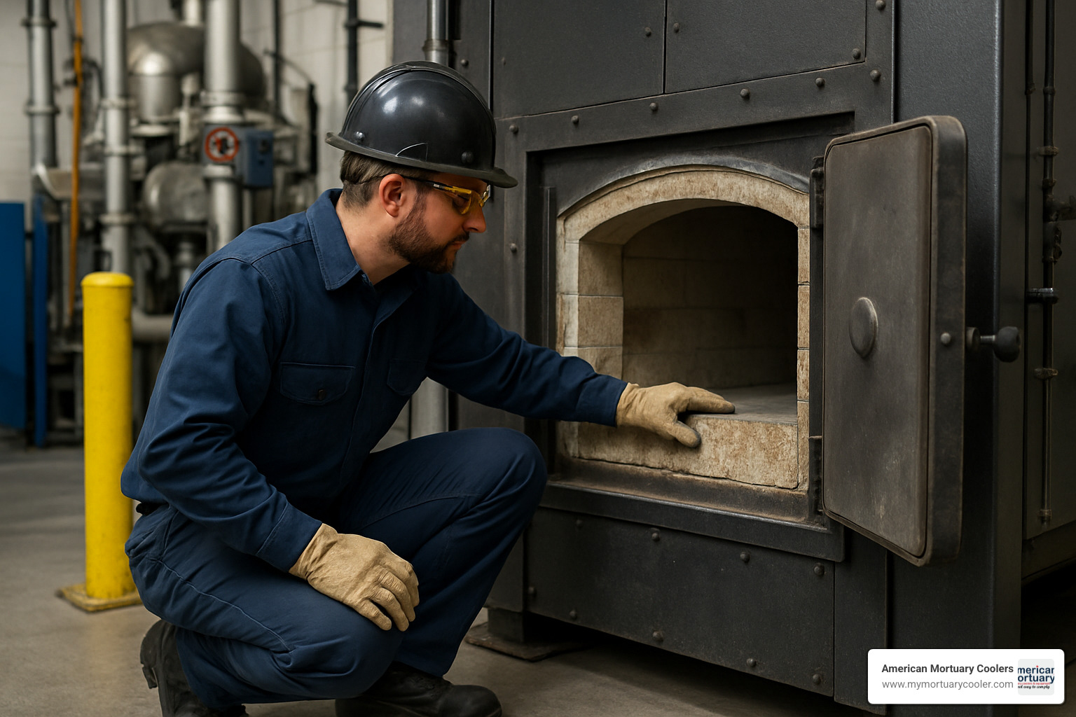 Maintenance technician working on crematory retort - crematory retort