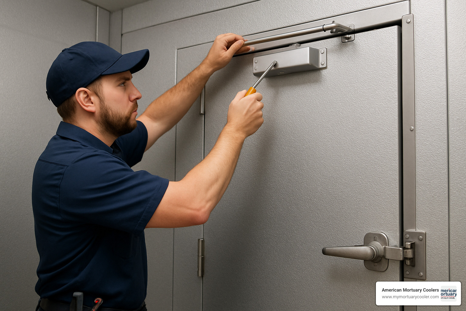 technician adjusting door closer on walk-in cooler door - walk in cooler door