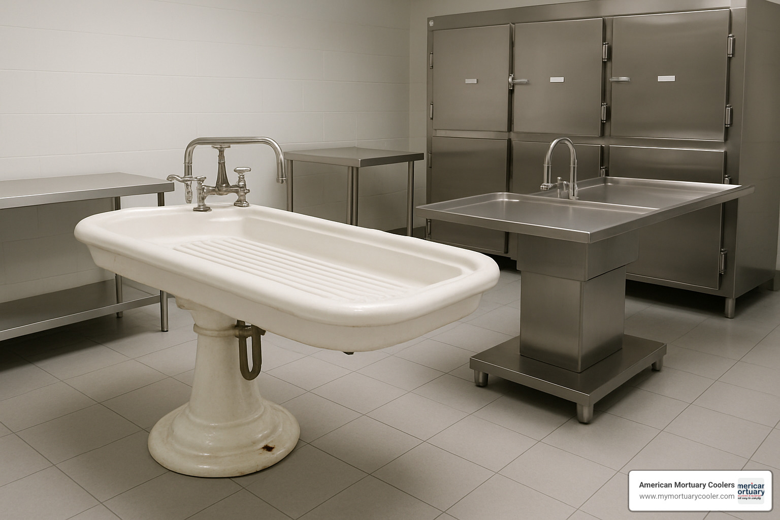 Modern mortuary equipment alongside restored antique porcelain table - porcelain embalming table