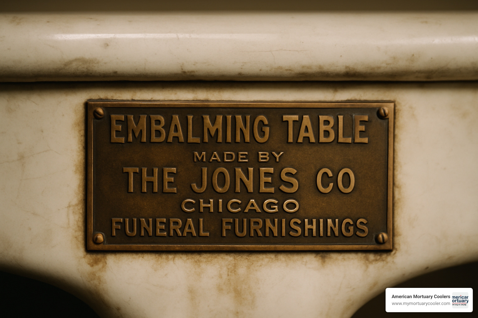 maker's brass plaque on antique embalming table - porcelain embalming table