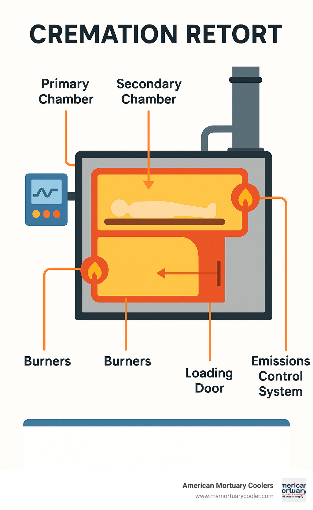 Diagram showing cremation retort workflow with labeled components including primary chamber, secondary chamber, burners, control system, loading door, and emissions control system - cremation retort infographic 