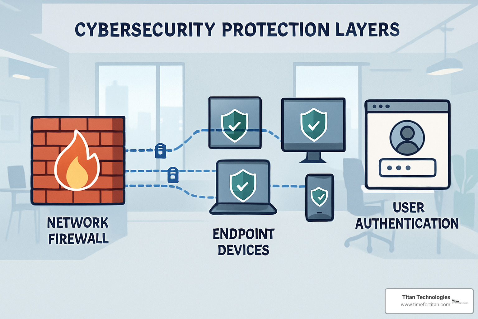 Cybersecurity protection layers showing firewalls, encryption, endpoint protection, and user authentication - Managed IT services Elizabeth