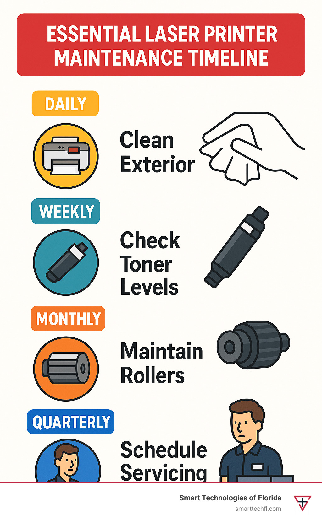 Essential laser printer maintenance timeline showing daily, weekly, monthly and quarterly maintenance tasks, including exterior cleaning, toner checks, roller maintenance, and professional servicing - laser printer maintenance tips infographic 