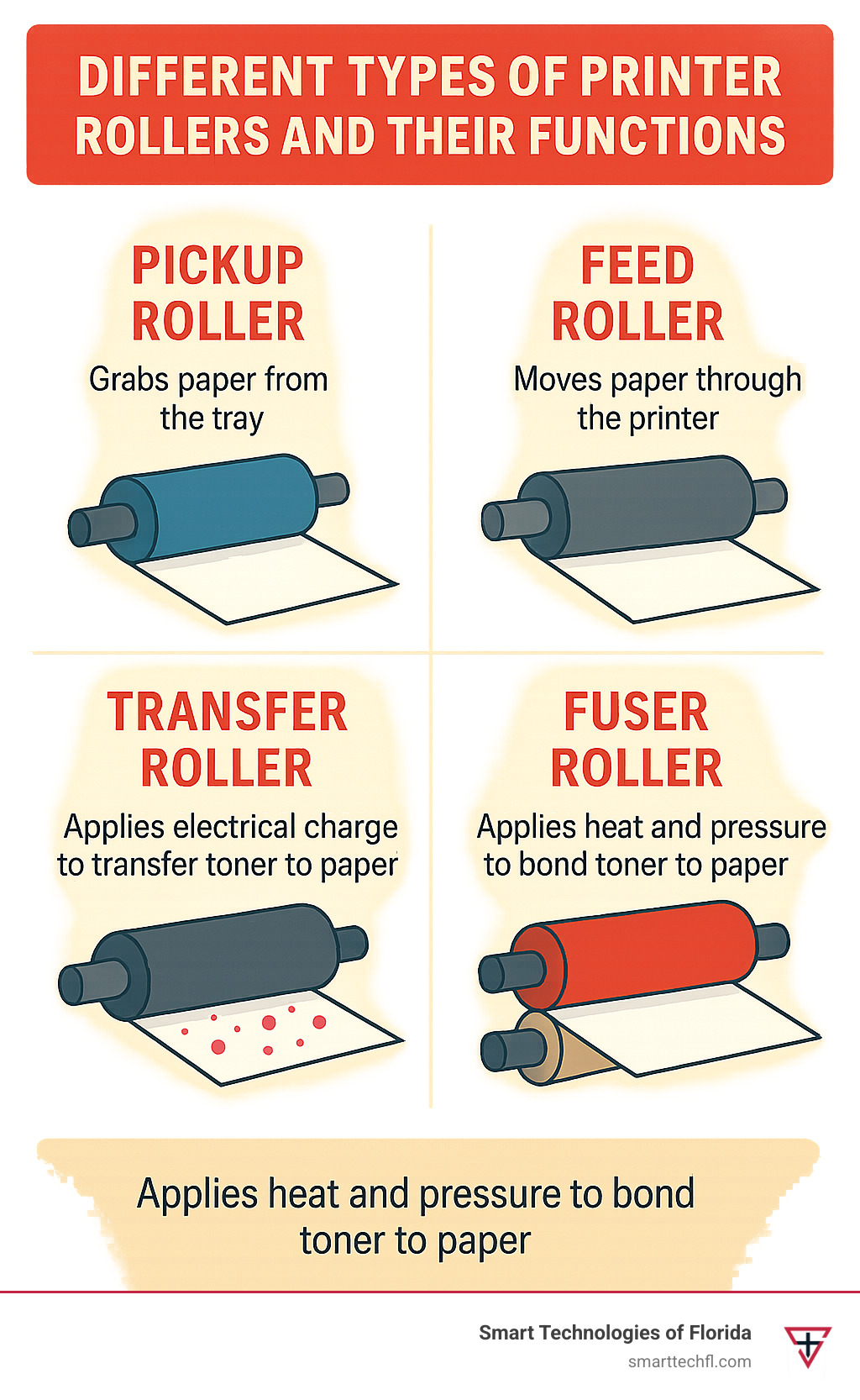 Different types of printer rollers and their functions in the printing process - laser printer maintenance tips infographic 