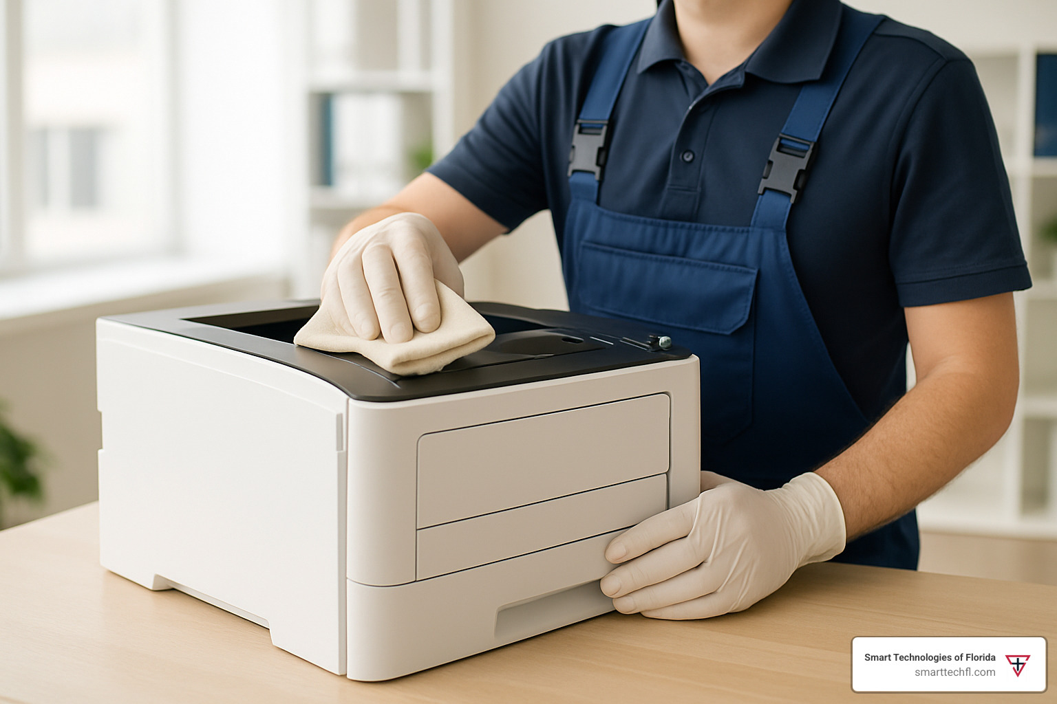 technician cleaning printer with lint-free cloth - laser printer maintenance tips