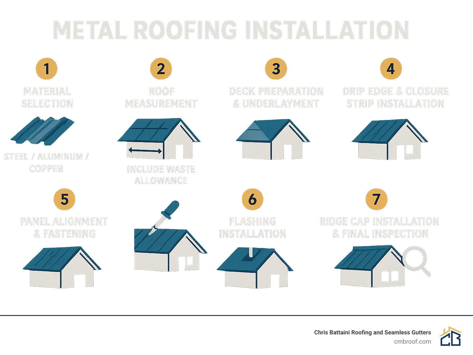 Metal roofing installation 7-step process showing: 1) Material selection (steel/aluminum/copper) 2) Roof measurement with waste allowance 3) Deck preparation and underlayment 4) Drip edge and closure strip installation 5) Panel alignment and fastening 6) Flashing installation around penetrations 7) Ridge cap installation and final inspection - metal roofing installation infographic 