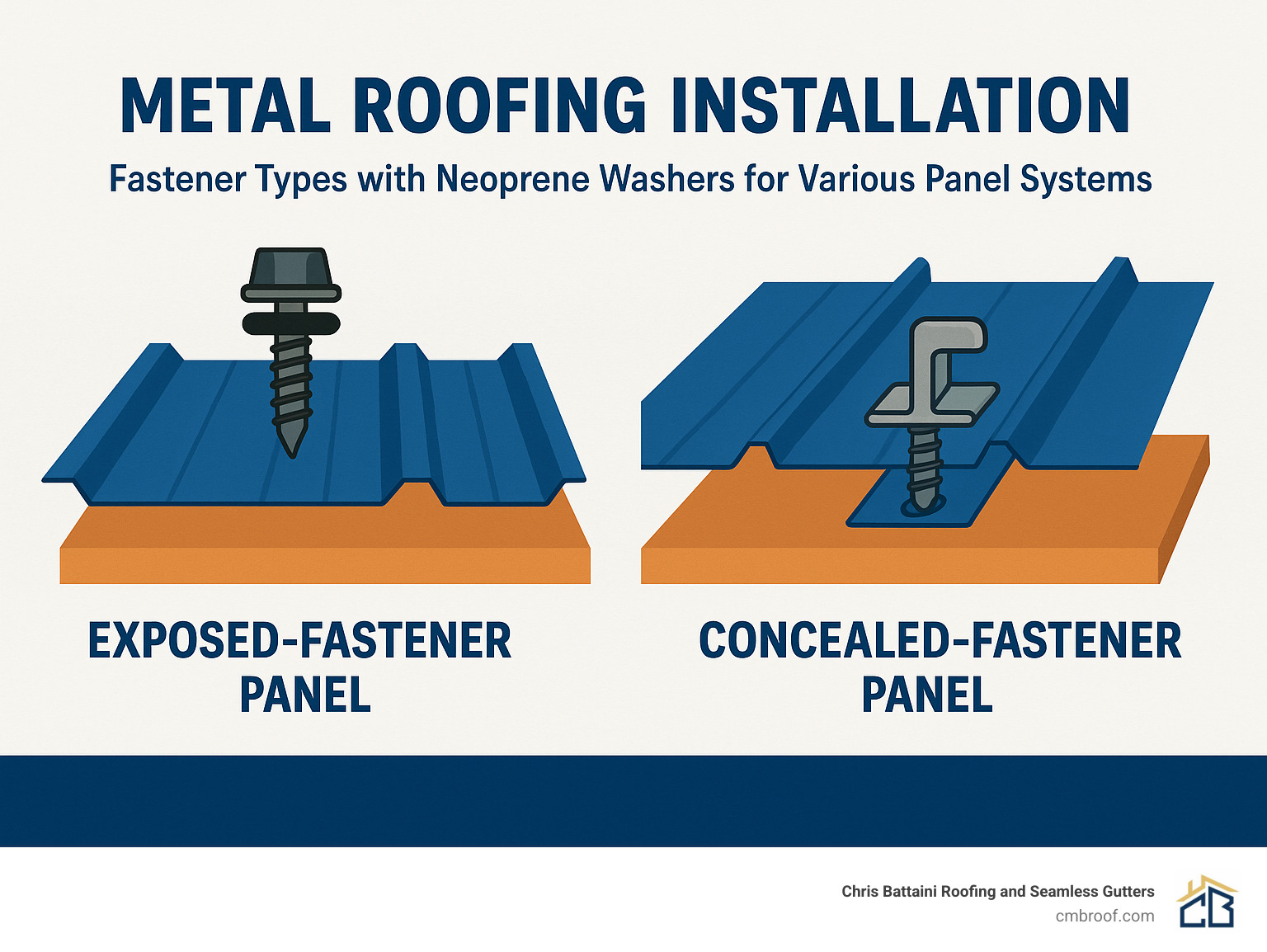 Metal roofing installation showing different fastener types with neoprene washers for various panel systems - metal roofing installation infographic 