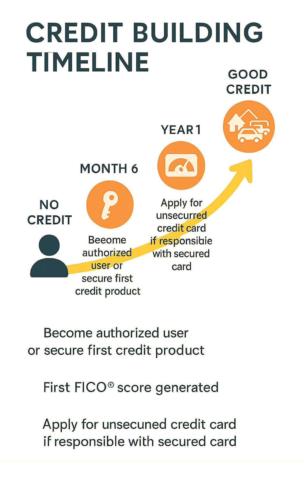 Credit Building Timeline showing the progression from no credit to good credit, with milestones at: Month 1 (Become authorized user or secure first credit product), Month 6 (First FICO score generated), Year 1 (Apply for unsecured credit card if responsible with secured card), Year 2+ (Diversify credit mix with different account types) - how to build credit infographic 